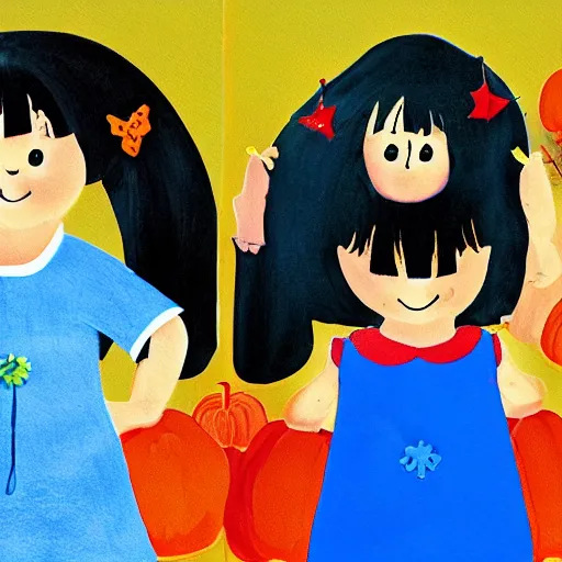 Image similar to children's book illustration of little girl black hair cut in a bob with bangs wearing a blue dress with jingle bells sewn all over at a halloween costume contest