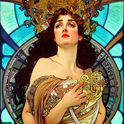 Prompt: realistic detailed face portrait of Hera by Alphonse Mucha, Greg Hildebrandt, and Mark Brooks, gilded details, spirals, Neo-Gothic, gothic, Art Nouveau, ornate medieval religious icon