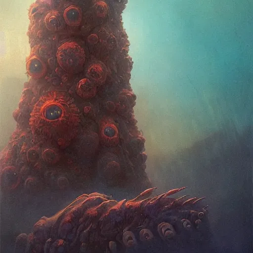 Prompt: fractal tardigrade terror and horror painting descending on earth, by greg rutkowski and studio ghibli, inspired by zdzisław beksinski, cinematic, atmospheric, dramatic colors, dawn.