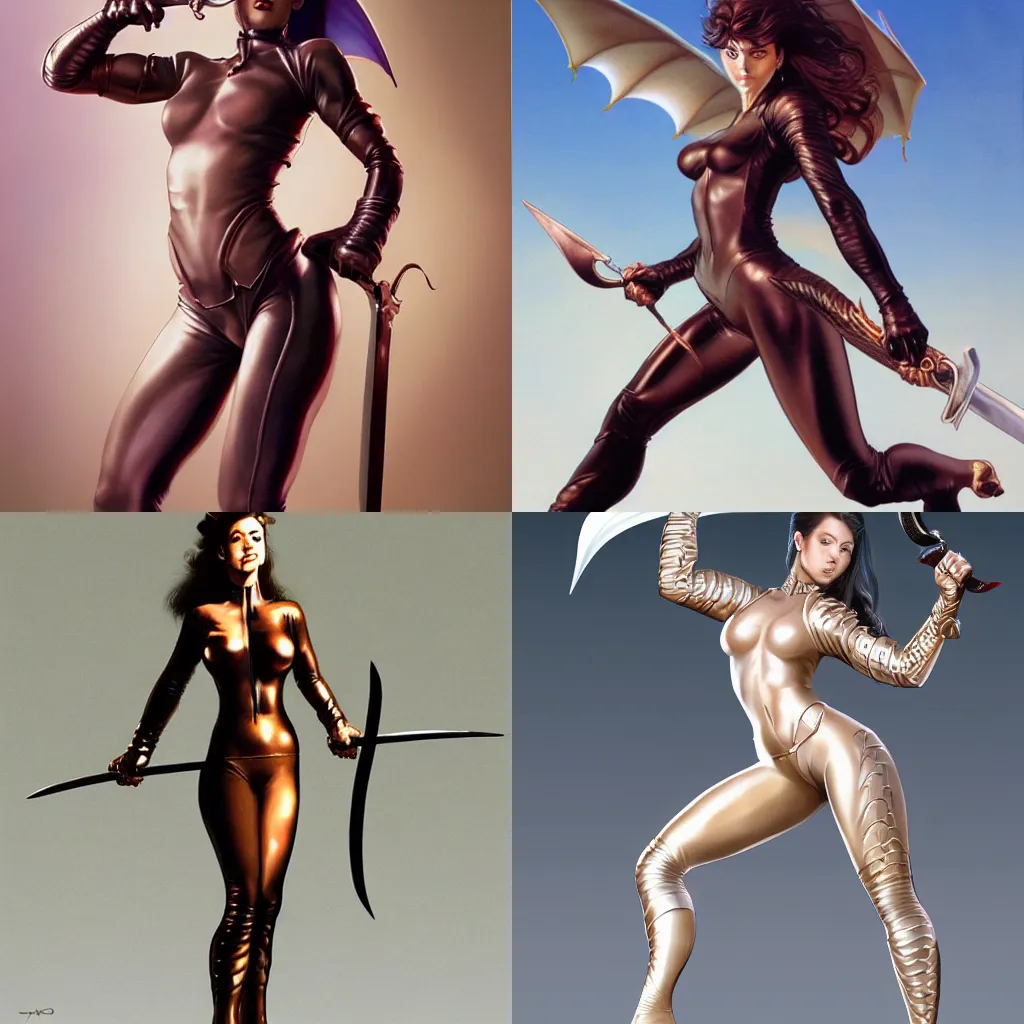 Prompt: a nice looking girl with beautiful forms and skin-tight leather leggings jumping to fight a dragon with her sword, in style by hajime sorayama and boris vallejo, trending on artstation, 4K