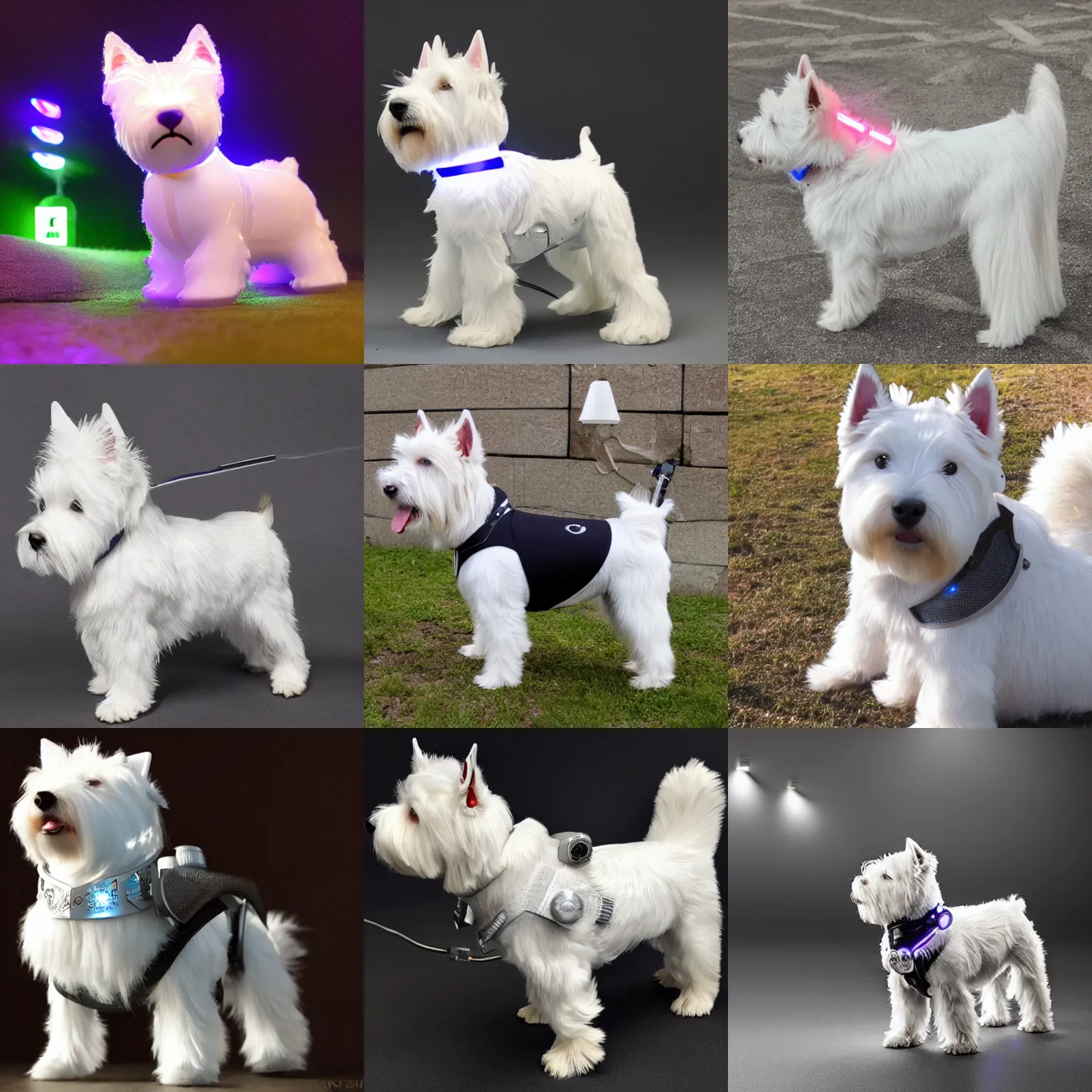 Prompt: a west highland white terrier anime sidekick with futuristic, led - lit armour and a canon mounted on his back
