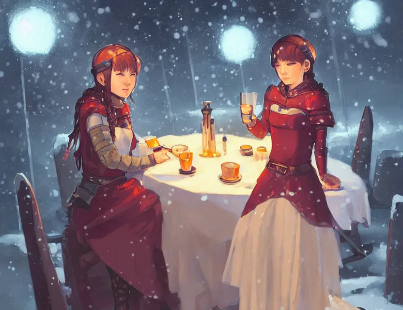 Prompt: viking scifi princess in a snowy mountain cafe, wearing a lovely dress with cyberpunk elements. this oil painting by the award - winning mangaka has an interesting color scheme and impeccable lighting.