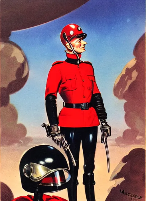 Prompt: a retrofuturistic security officer wearing black helmet and red uniform, vintage, retrofuturism, art by marc davis, marc davis artwork, poster