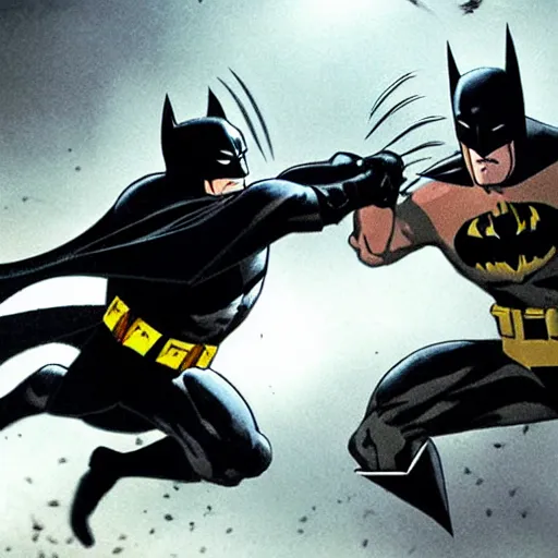 Image similar to batman fighting the wolverine, photograph