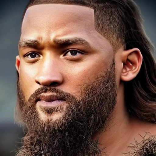 Prompt: hyperrealistic photograph of a brown-haired viking Will Smith, 8k, profile picture, cinematic, high contrast, epic real fantasy, stoic facial expression, looking at the camera