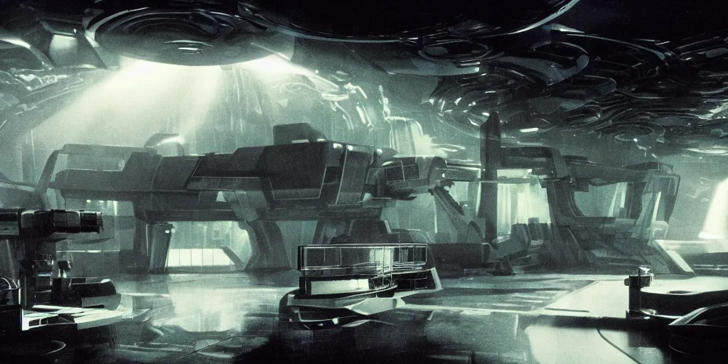 Image similar to film still of inside a dark futuristic scientific research outpost with complicated machinery and lasers in a moist foggy jungle, science fiction, laser lights and spooky shapes, ridley scott, lights through fog, futuristic outpost building, wet lush jungle landscape, dark sci - fi, 1 9 8 0 s, beige and dark atmosphere, ridley scott