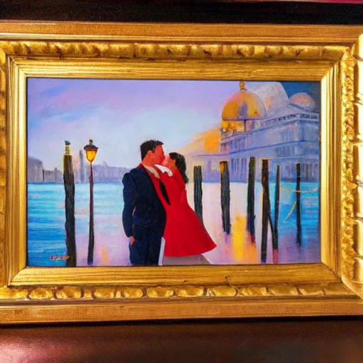 Image similar to an oil painting of couple kissing, in a background fireworks in venice