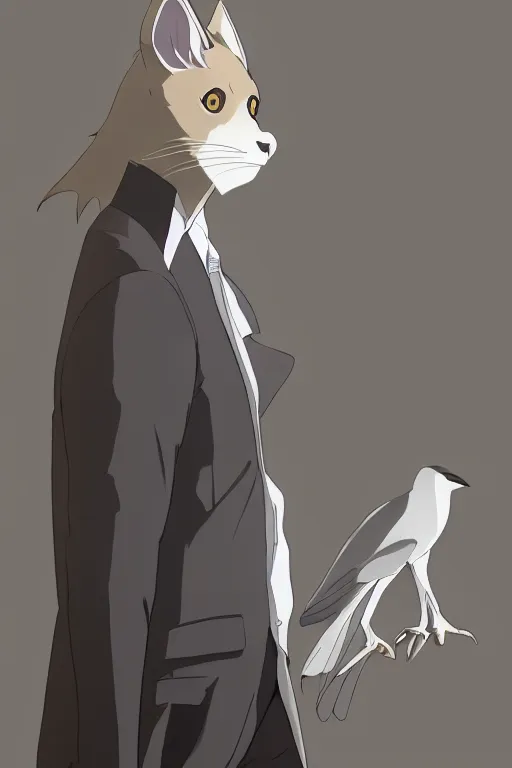 Image similar to Louis from Beastars wearing a white formal coat conversing with a crow, hyperrealistic, concept art, octane render, trending on DeviantArt, highly detailed, high quality, 8K, soft lighting, cute, natural lighting, anime face, trending on Artstation, e621, elegant clothes, profile picture, path traced, house background