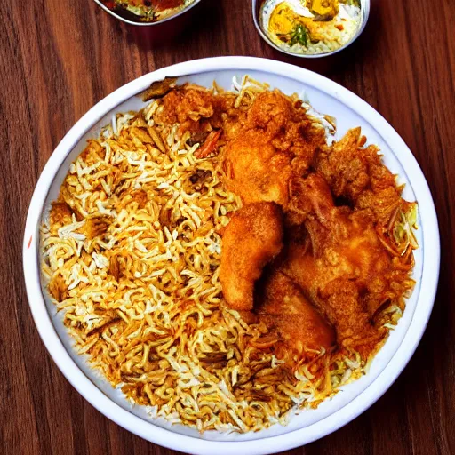 Image similar to A college student is eating chicken biryani in an Andhra mess, highly detailed, 4k, realistic faces, portrait shot, 30mm wide angle