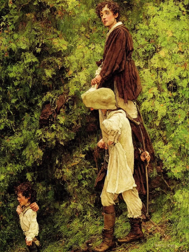 Prompt: a portrait of frodo baggins walking in the shire by Norman Rockwell