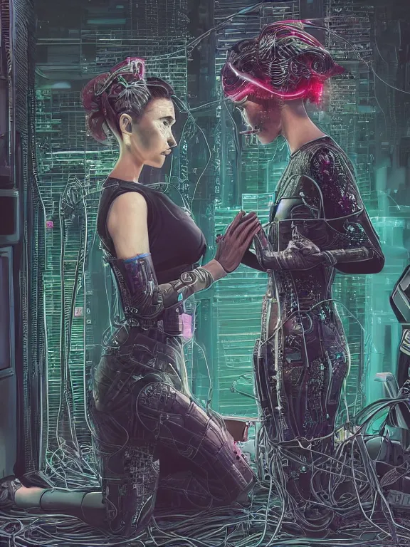 Image similar to a cyberpunk style illustration of two veiled female android queens kneel and pray with lots of complex mess of cables and wires behind them connected to giant computer,bowknot, fine lace, GUCCI, glittering, jewel embellishment, film lighting, by shibashake,Cedric Peyravernay,marie spartali Stillman,William Morris,Dan Mumford, trending on atrstation, full of color, mythological, high detailed,golden ratio,cinematic lighting