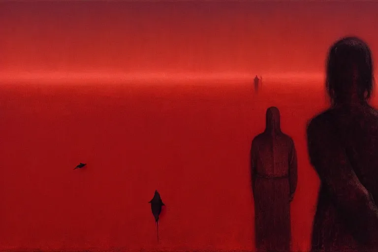 Image similar to only with red, a red dystopic knight, venice, flock of birds in the red sky, in the style of beksinski, parts by edward hopper, parts by rodcenko, parts by yue minjun, intricate and epic composition, red by caravaggio, insanely quality, highly detailed, masterpiece, red light, artstation, 4 k