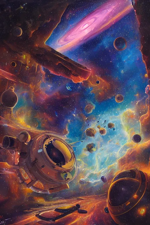 Image similar to Interior of NASA's crowded deep space lab with an exploding nebula in the background, very detailed, focused, oil painting, colorful, canvas, artstation, Antoine Pierre Mongin