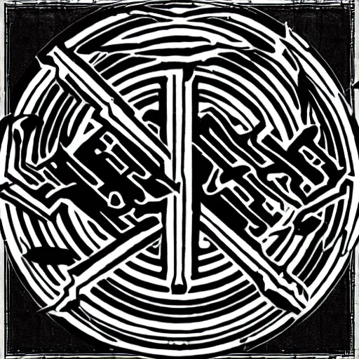 Image similar to a logo for a philosophy club, deathmetal style writing, black and white