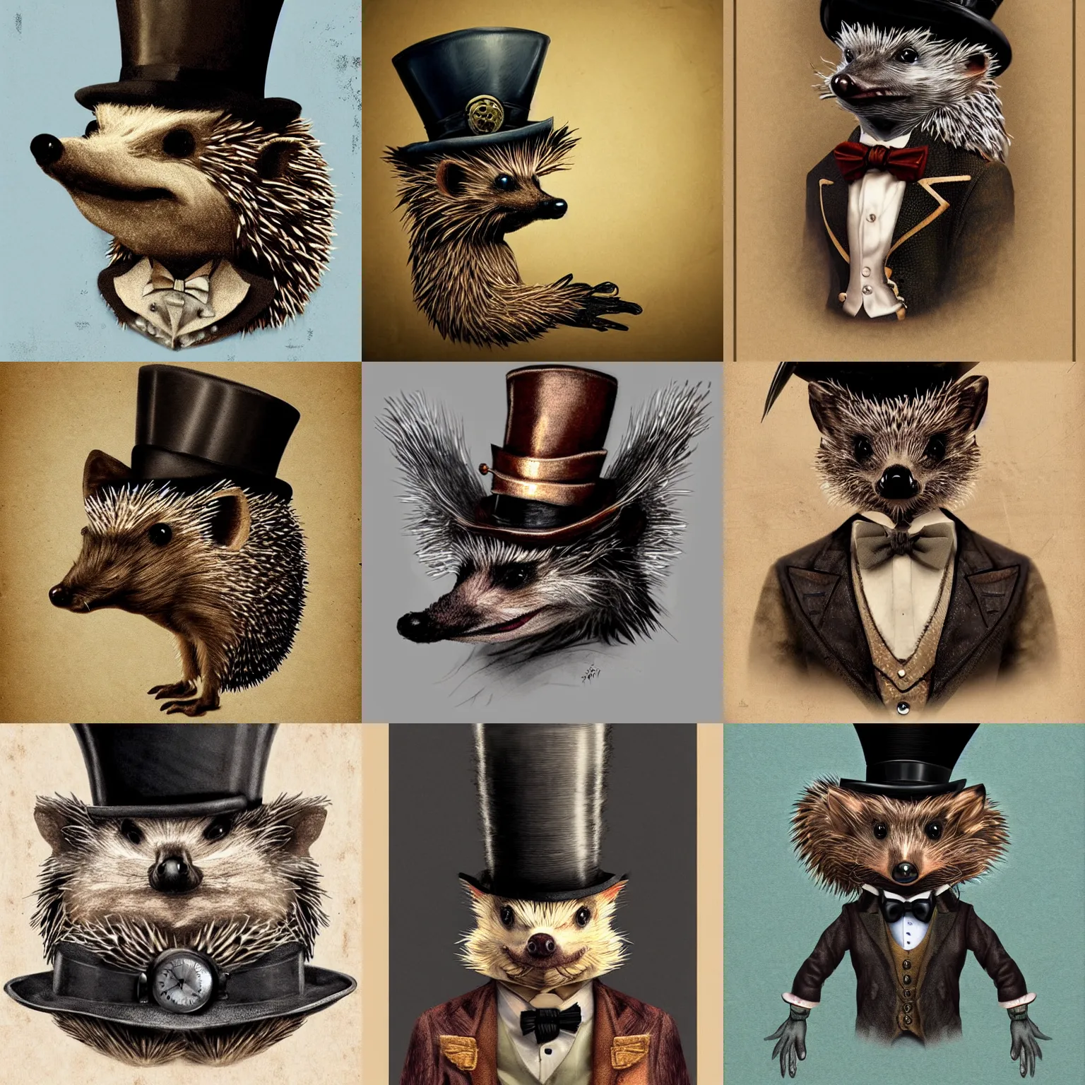 Prompt: hedgehog wearing a top hat, steampunk, portrait, detailed, intricate, digital art, trending on artstation
