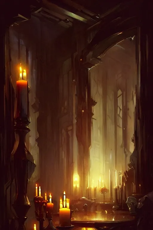 Image similar to dreamy dark hall with candles and dripping wax, fantasy art by bayard wu, trending on artstation, camille corot, stephan martiniere