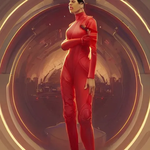 Prompt: a female wearing a red mechanics jumpsuit, intricate, elegant, highly detailed, digital painting, artstation, concept art, smooth, sharp focus, illustration, art by artgerm and greg rutkowski and alphonse mucha, 8 k