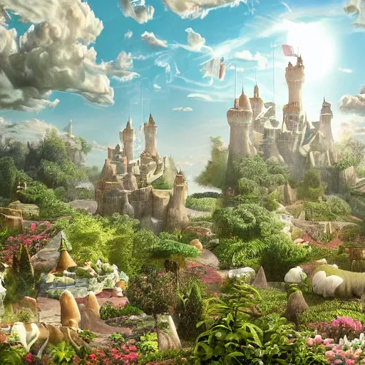 Image similar to a castle of clouds in the sky full of animals jumping through the clouds and partying all day, and growing invented plants that do not exist in nature, ray tracing