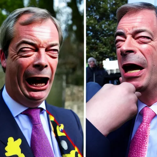 Prompt: nigel farage with black eyes angry screaming with spiders crawling out of his mouth