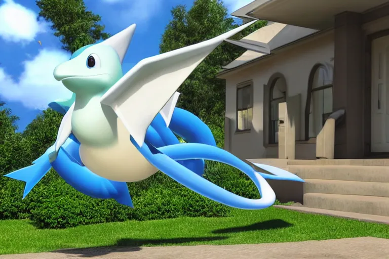 Prompt: high resolution pixar 3 d picture latios the serpent floating in front of house looking at camera