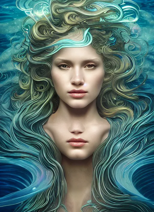 Prompt: an underwater photographic beauty portrait of an anthropomorphic bioluminescent liquid wave, refractive cinematic volumetric lighting, fantasy, intricate, elegant, highly detailed, digital painting, artstation, concept art, smooth, sharp focus, illustration, art by artgerm and h r giger and alphonse mucha
