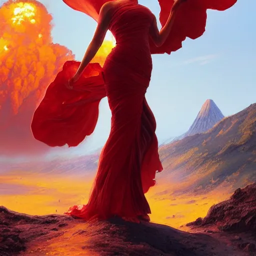 Prompt: luxury advertisement, a highly detailed epic cinematic concept art CG render digital painting artwork of a woman in a red dress posing in front of an erupting volcano. By Greg Rutkowski, Ilya Kuvshinov, WLOP, Stanley Artgerm Lau, Ruan Jia and Fenghua Zhong, trending on ArtStation, made in Maya, Blender and Photoshop, octane render, excellent composition, cinematic atmosphere, dynamic dramatic cinematic lighting, aesthetic, very inspirational, arthouse