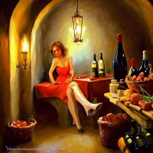 Image similar to wine cellar full of food, torches on the wall, schnapps, romantic, inviting, cozy, blonde woman, painting Vladimir Volegov