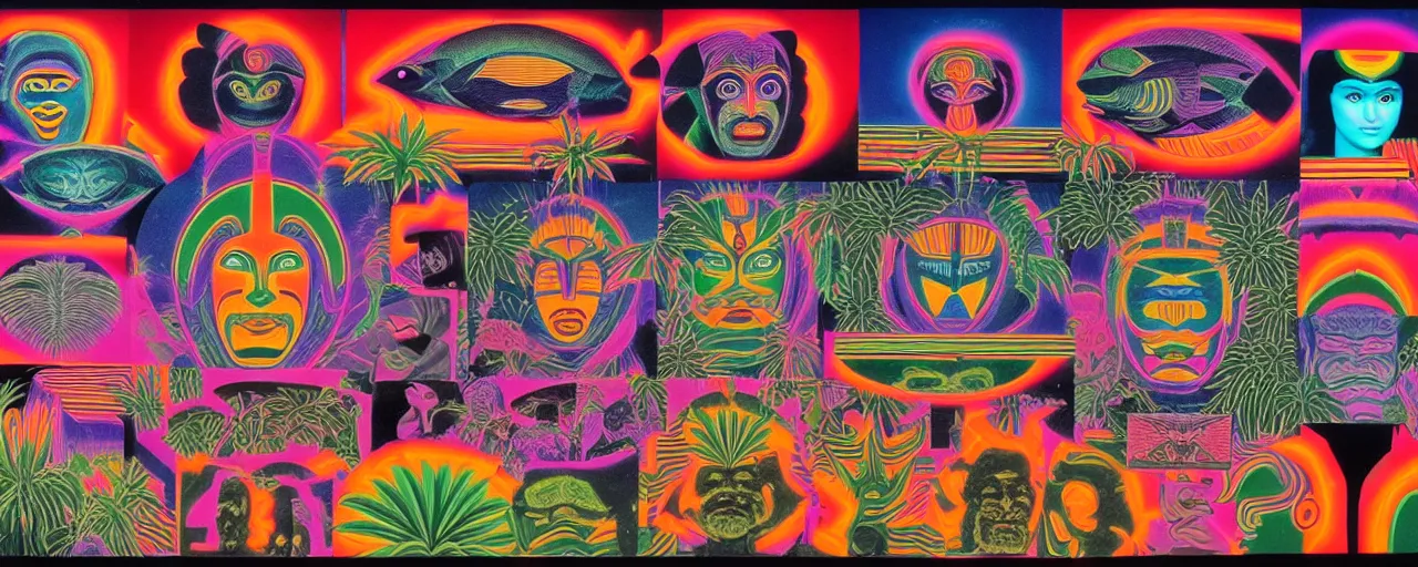 Image similar to 1978 cut out collage, theater stage, neon aztec, dusk on Jupiter, epic kabuki, tropical fish, ancient plants, film noir, in part by Alex Grey, part by Hale Woodruff