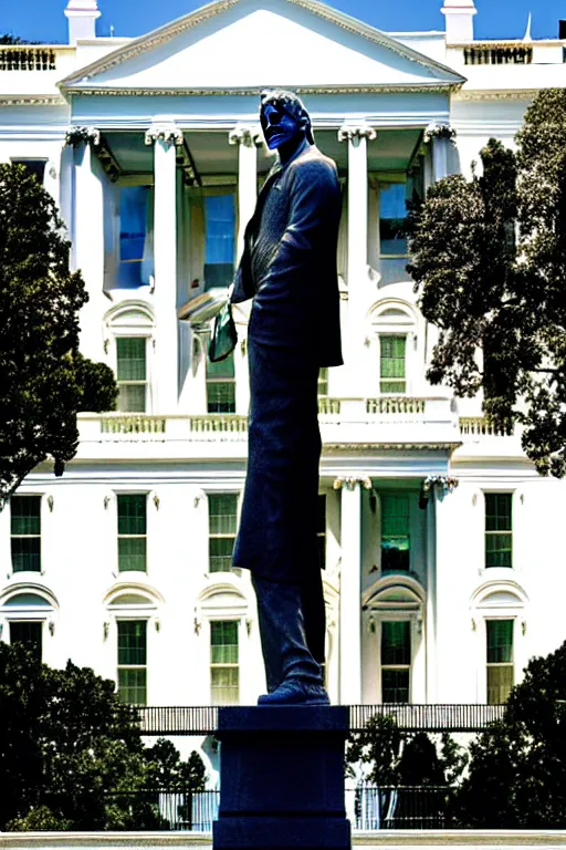 Image similar to A beautiful stone statue of Nicholas Cage in front of the White House, photo by Steve McCurry, heroic pose, detailed, smooth