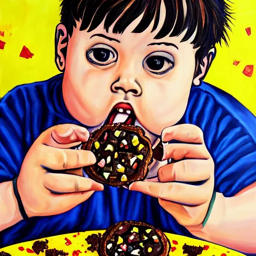 Image similar to painting of a chubby boy eating a delicious cholocate chunks cookies, buzz cut, junji ito