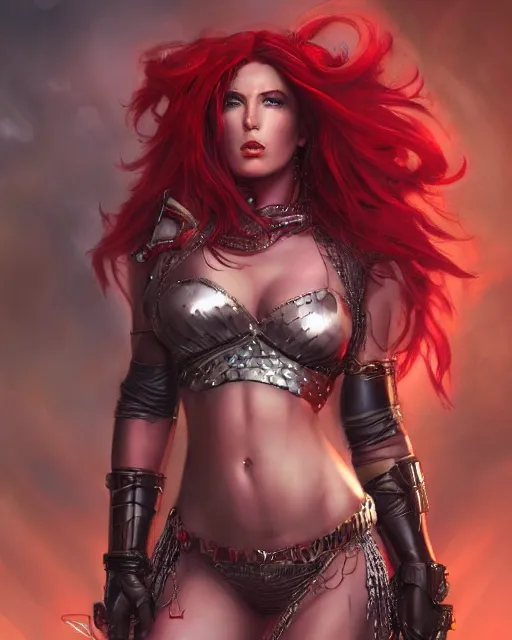 Prompt: a stunning medium shot portrait of red sonja as a cyberpunk princess, digital art by julie bell and artgerm and ross tran and angel ganev, highly detailed, trending on artstationhq
