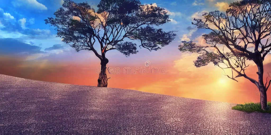 Prompt: a lonely cobblestone street with a tree on a cliff over the sea at sunset, brightly illuminated by rays of sun, colorful vector illustration