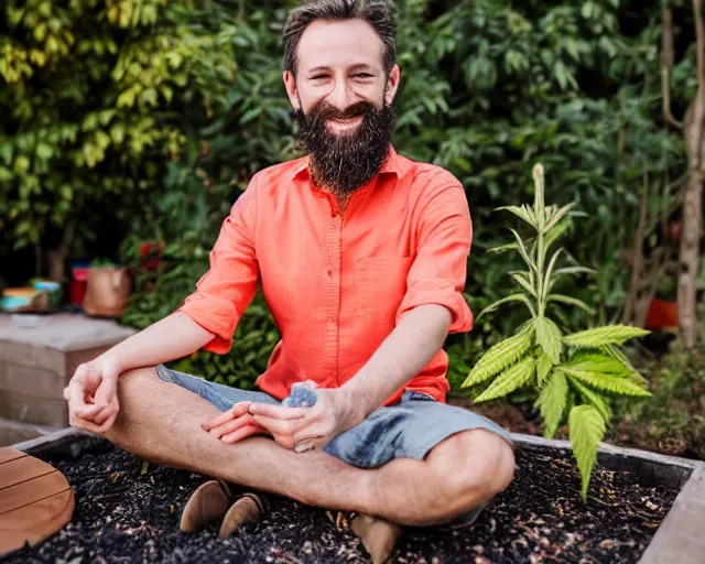 Image similar to mr robert is drinking fresh tea, smoke weed and meditate in a garden from spiral mug, detailed smiled face, short beard, golden hour, red elegant shirt