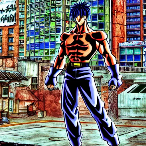 Prompt: fist of the north star, man, standing, anime style, hdr, buildings