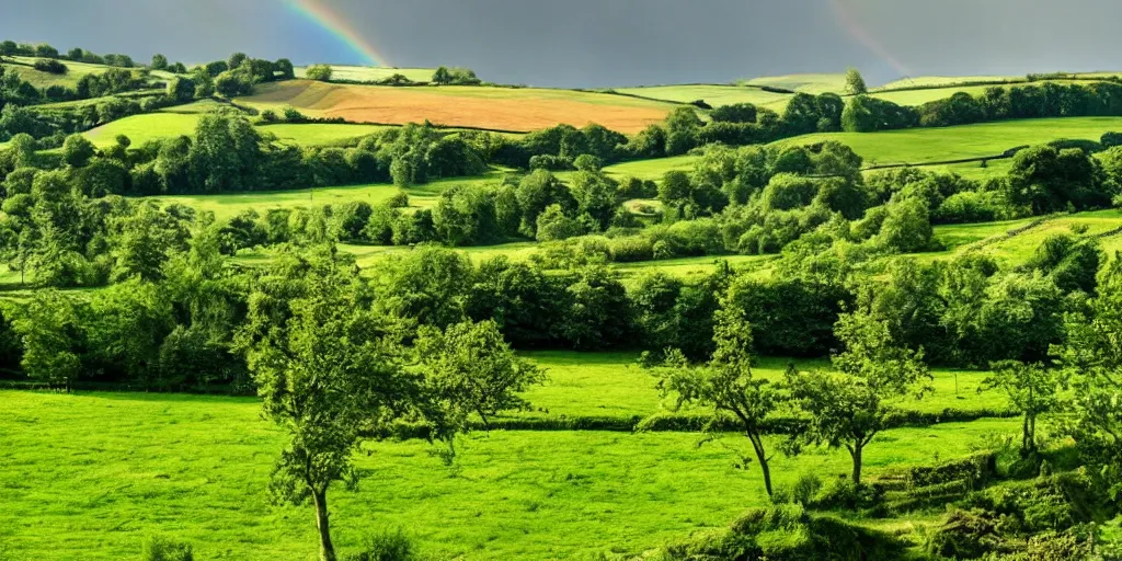 Prompt: a yorkshire countryside covered with green bushes on an afternoon with a rainbow in the clear sky,