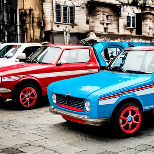 Prompt: Yugo car in white blue and red colors