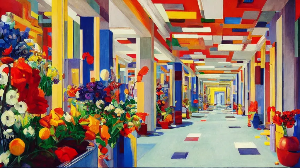 Image similar to colorful minimalist industrial interior hallway with monolithic pillars in the style of ridley scott and stanley kubrick, impossible stijl architecture, bed of flowers on floor, ultra wide angle view, realistic detailed painting by edward hopper