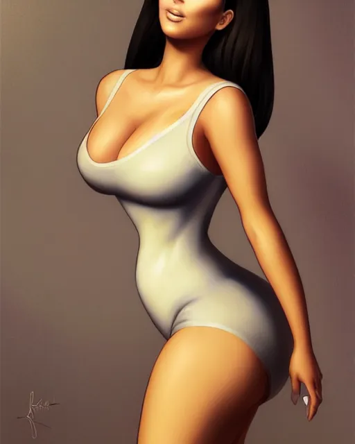 Prompt: full body portrait of kim kardashian in elegant leotard trending on artstation drawn by range murata and leyendecker extremely infinite detail and correct anatomy painting, trending girl portrait by range murata and leyendecker extremely detailed image, volumetric lighting art most fine lighting most fine face most fine beautiful art