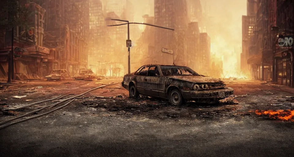 Image similar to A beautiful hyper realistic ultra detailed lifelike matte painting of a scruffy Timber Wolf standing in the middle of an abandoned post-apocalyptic New York City street at night with cars and buildings enflamed on fire, unreal engine, deviantart, flickr, artstation, octane render, textured, colorful, extreme realistic detail, physically based rendering, pbr render, very detailed, volumetric lighting, detailed lighting, octane render, 4k, cinematic lighting, 8k resolution