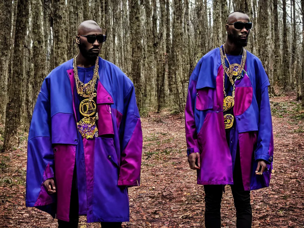 Image similar to versace avant garde male super oversized jacket blue purple red necklace textiles streetwear cyberpunk african american black skin shaved head trimmed beard in the woods overcast late evening dramatic professional color 8 k hdr