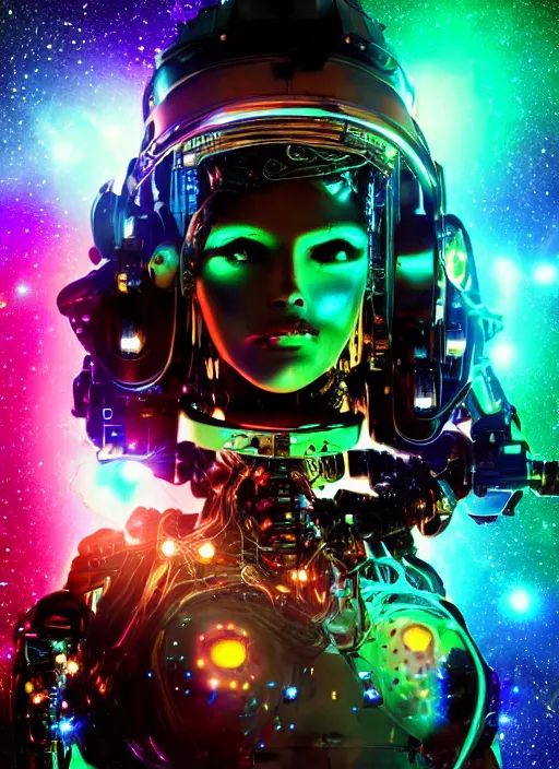 Prompt: intricate cyborg pilot girl with electromechanical robot parts, connected made of and covered with many colorful wires, featuring beautiful detailed machined crystal eyes glowing with nebula, background glowing game server powered by galaxies. backlit luminous shiny metallic