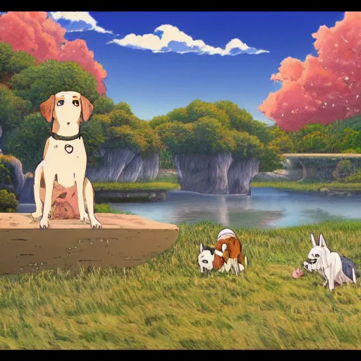 Prompt: dogs in landscape, art style hayao miyazaki, very high detail, 4 k