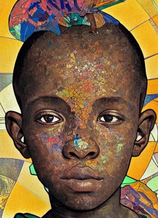 Prompt: colourful upper half portrait of an african boy - art by aya takano & alphonse mucha, magazine collage, highly detailed, digital painting, illustration, smooth, sharp focus, intricate, clustered, busy, pinterest, behance,