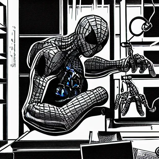 Prompt: medium shot artistic photo of spiderman working as a scientist experimenting in a dark lab, ultra detailed