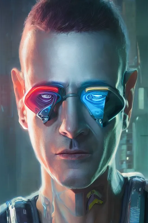 Image similar to illustration of an male cyberpunk character wearing bionic implants, criminal mugshot, highly detailed, oil on canvas, soft lighting, neon pastel colors, by WLOP and Greg Staples, HD, 4K