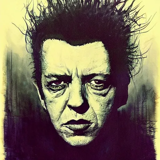 Prompt: stunning portrait of gaunt joe strummer a ( the cure fan ) as dream from sandman, dim stars as eyes, by jeremy mann, by cedric peyravernay, by by russ mills, by richard avedon and ben templesmith, dramatic lightning, sadness, dark eye sockets, in the shadows, punk rock, gothic, high detailed, 8 k