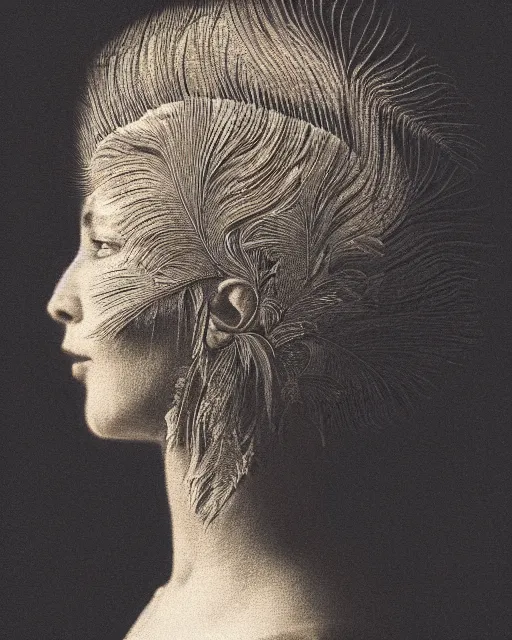 Prompt: a woman's face in profile, made of intricate feathers, in the style of the dutch masters and gregory crewdson, dark and moody
