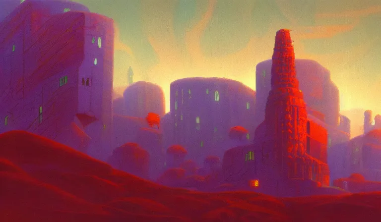 Image similar to A serene landscape with a singular building in the style of Paul Lehr.