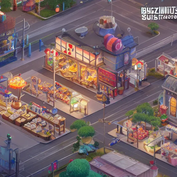 Image similar to isometric view of the busytown bakery, soft warm lighting, by greg rutkowski and studio ghibli, 8 k, photorealistic, unreal engine 5 tech demo, extreme detail, octane render