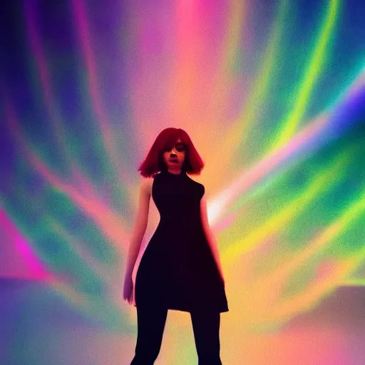 Image similar to long Shot of psychedelic Black widow standing in mysterious chromatic astral temple , stylish, lsd, soft, vimeo, cinematic, artwork by WLOP